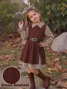 SHEIN Young Girl Plaid 2 In 1 Patchwork Casual Summer Dress Autumn Kids - Multicolor - View 2