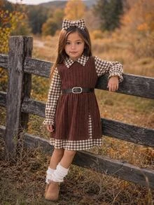 SHEIN Young Girl Plaid 2 In 1 Patchwork Casual Summer Dress Autumn Kids - Multicolor - View 3