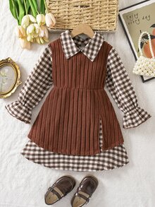 SHEIN Young Girl Plaid 2 In 1 Patchwork Casual Summer Dress Autumn Kids - Multicolor - View 5