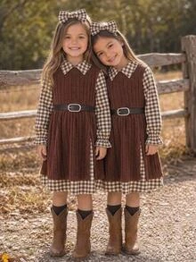 SHEIN Young Girl Plaid 2 In 1 Patchwork Casual Summer Dress Autumn Kids - Multicolor - View 4