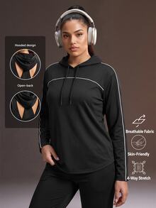 Powerista Women's Plus Size Loose Backless Sports Sweatshirt Fall Gym Black Alternative Baggy - Black - View 2