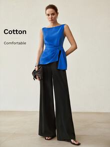 MOTF PREMIUM WOMEN'S SOLID COLOR PLEATED CASUAL VERSATILE DAILY WEAR SHIRT - Blue - View 1