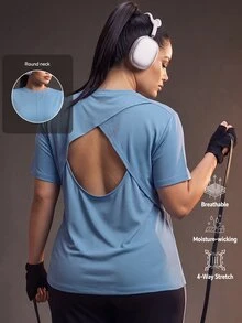 Powerista تي شيرت رياضي نسائي من باورستا باللون الأزرق الفاتح مقاس كبير بدون ظهر (مناسب للتمرين) بديل فضفاض للصيف في الجيم - الأزرق - مشاهدة 3