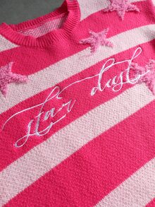 ROMWE MEN Men's Round Neck Striped Contrast Color Embroidered Fashion Sweater - Hot Pink - View 5