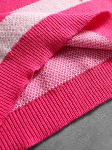 ROMWE MEN Men's Round Neck Striped Contrast Color Embroidered Fashion Sweater - Hot Pink - View 10
