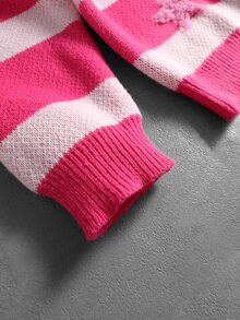 ROMWE MEN Men's Round Neck Striped Contrast Color Embroidered Fashion Sweater - Hot Pink - View 6