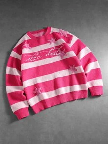 ROMWE MEN Men's Round Neck Striped Contrast Color Embroidered Fashion Sweater - Hot Pink - View 8