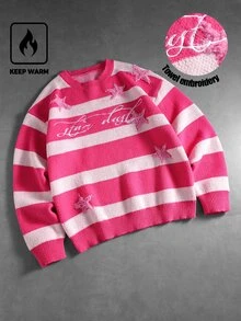 ROMWE MEN Men's Round Neck Striped Contrast Color Embroidered Fashion Sweater - Hot Pink - View 9