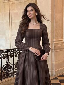 Vintamour Women's Striped Square Neck Petal Sleeve Elegant Long Dress - Coffee Brown - View 3