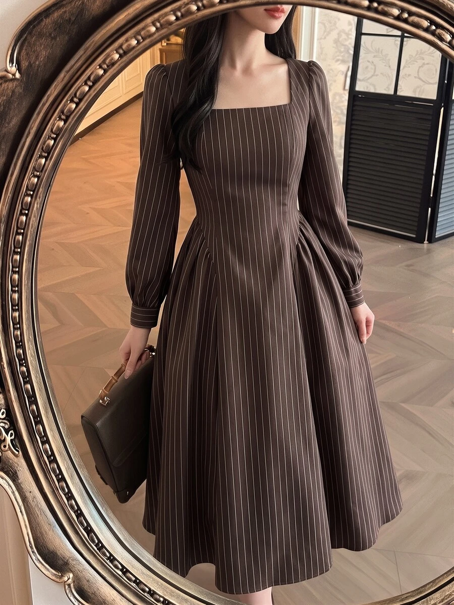 Vintamour Women's Striped Square Neck Petal Sleeve Elegant Long Dress - Coffee Brown - View 1