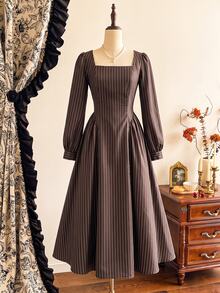 Vintamour Women's Striped Square Neck Petal Sleeve Elegant Long Dress - Coffee Brown - View 4