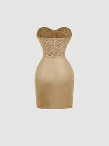 SHEIN MOD 大码女士黑色露肩亮片优雅连衣裙，适合阵亡将士纪念日、毕业典礼、派对、女士派对礼服、修身连衣裙、女士夏季连衣裙、蜜月旅行装、毕业典礼礼服、婚礼宾客礼服、度假装、飘逸连衣裙、派对连衣裙、修身连衣裙等场合。 - 香檳色 - 查看 3