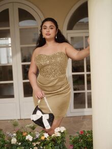 SHEIN MOD 大码女士黑色露肩亮片优雅连衣裙，适合阵亡将士纪念日、毕业典礼、派对、女士派对礼服、修身连衣裙、女士夏季连衣裙、蜜月旅行装、毕业典礼礼服、婚礼宾客礼服、度假装、飘逸连衣裙、派对连衣裙、修身连衣裙等场合。 - 香檳色 - 查看 8