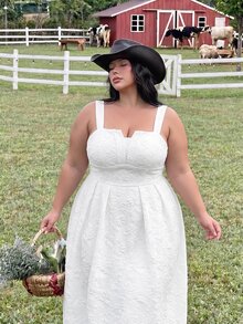 SHEIN MOD 大尺碼優雅 1920 年代白色夏季絲綢質感花卉中長洋裝，適合女性婚禮賓客、晚宴、新娘派對、教堂、休閒穿著 - 白色 - 查看 4
