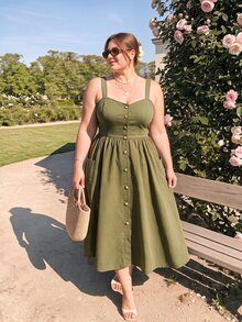 SHEIN MOD Vestido camisola de verano casual de talla grande, color liso, con botones delanteros y bolsillos - Verde militar - Ver 4