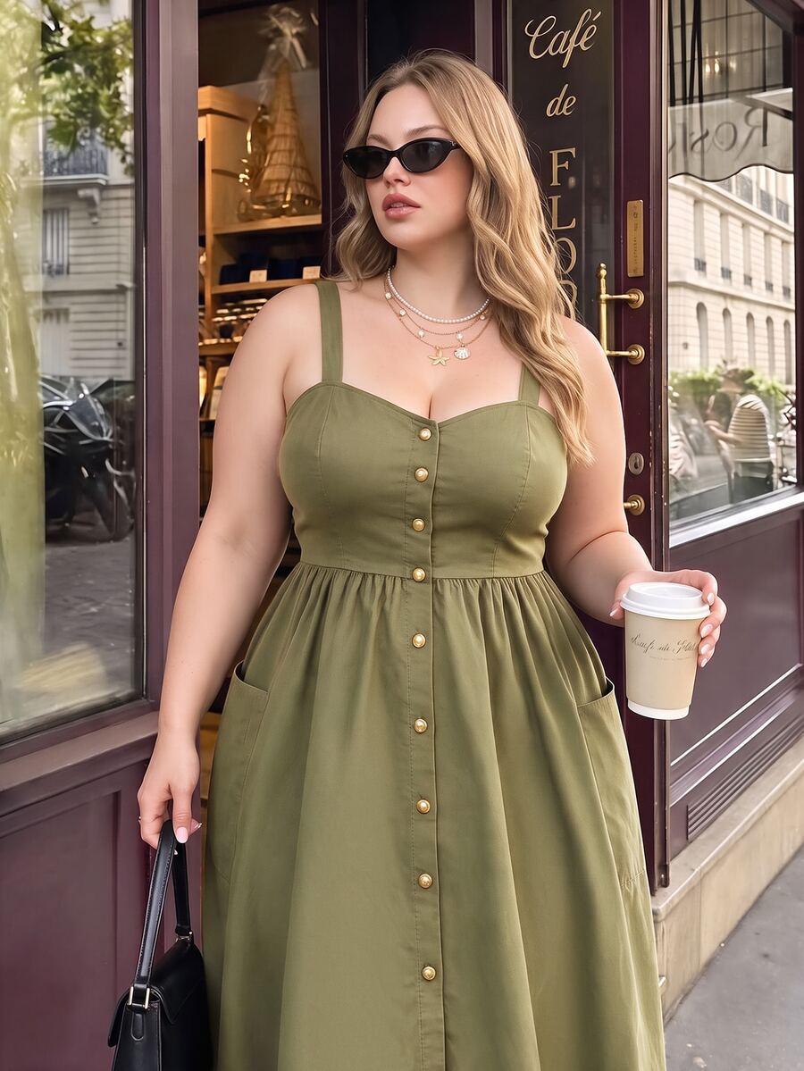 SHEIN MOD Vestido camisola de verano casual de talla grande, color liso, con botones delanteros y bolsillos - Verde militar - Ver 1