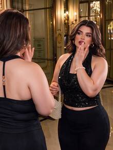 SHEIN MOD Plus Size Green Sequin Halter Neck Top, Party Outfit, Date Night Outfit, Holiday Gathering All Season Party Wear - Black - View 4