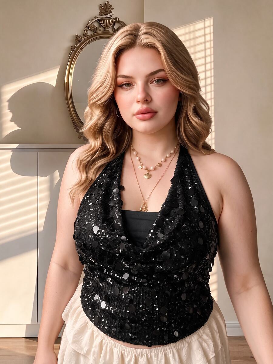 SHEIN MOD Plus Size Green Sequin Halter Neck Top, Party Outfit, Date Night Outfit, Holiday Gathering All Season Party Wear - Black - View 1