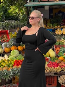 SHEIN MOD Plus Size Black 2 Pieces Cardigan And Midi Dress Set For WomenSummer Outfits For Women - Black - View 4