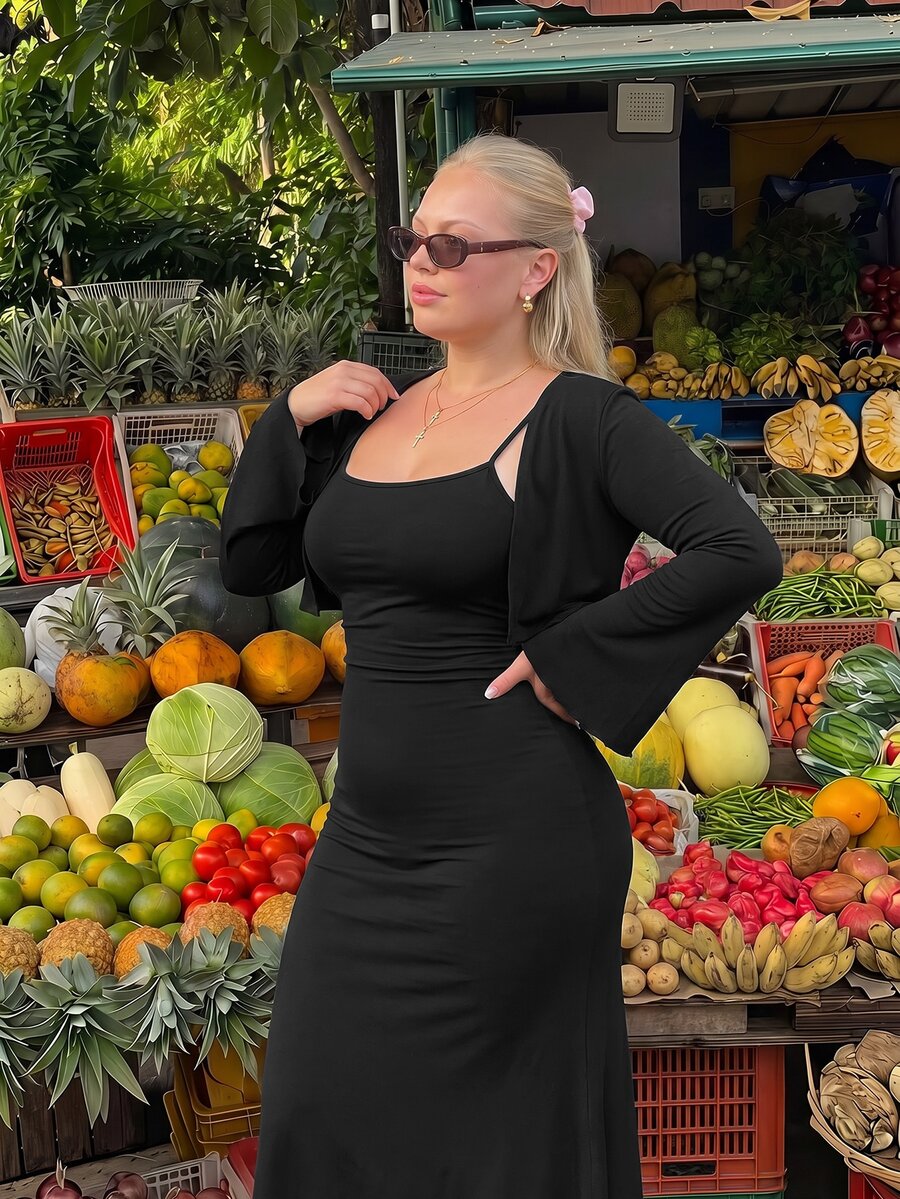 Set de vestido midi y cárdigan en talla grande color negro para mujeres - Negro - Ver 1
