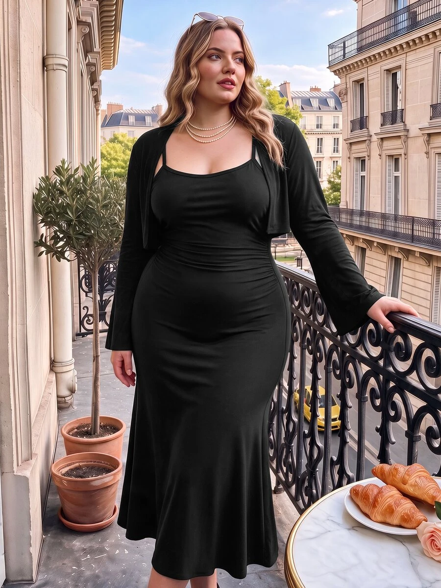 SHEIN MOD Plus Size Black 2 Pieces Cardigan And Midi Dress Set For WomenSummer Outfits For Women - Black - View 1