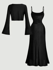 SHEIN MOD Plus Size Black 2 Pieces Cardigan And Midi Dress Set For WomenSummer Outfits For Women - Black - View 2