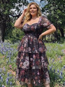 SHEIN MOD Plus Size Vintage Floral Print Layered Ruffle Maxi Dress.. Plus Size Dresses Summer. Cute Dresses For Women. Tea Party Dress - Multicolor - View 4