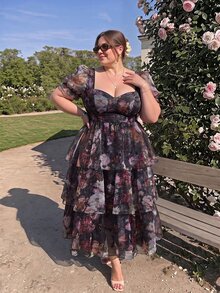 SHEIN MOD Plus Size Vintage Floral Print Layered Ruffle Maxi Dress.. Plus Size Dresses Summer. Cute Dresses For Women. Tea Party Dress - Multicolor - View 1
