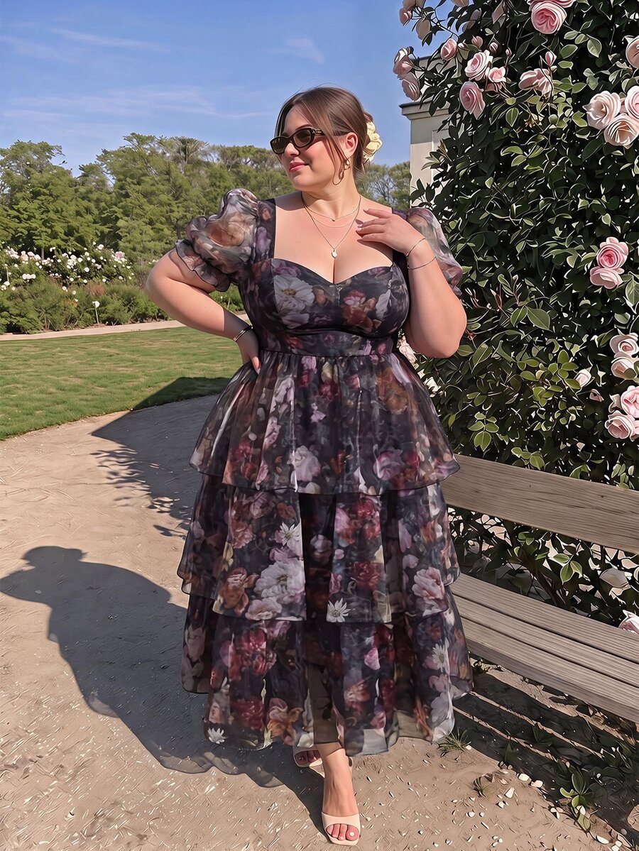SHEIN MOD Plus Size Vintage Floral Print Layered Ruffle Maxi Dress.. Plus Size Dresses Summer. Cute Dresses For Women. Tea Party Dress - Multicolor - View 1
