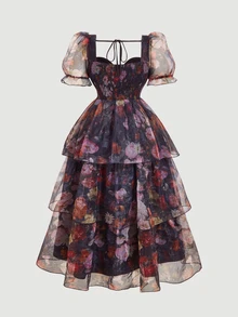 SHEIN MOD Plus Size Vintage Floral Print Layered Ruffle Maxi Dress.. Plus Size Dresses Summer. Cute Dresses For Women. Tea Party Dress - Multicolor - View 2