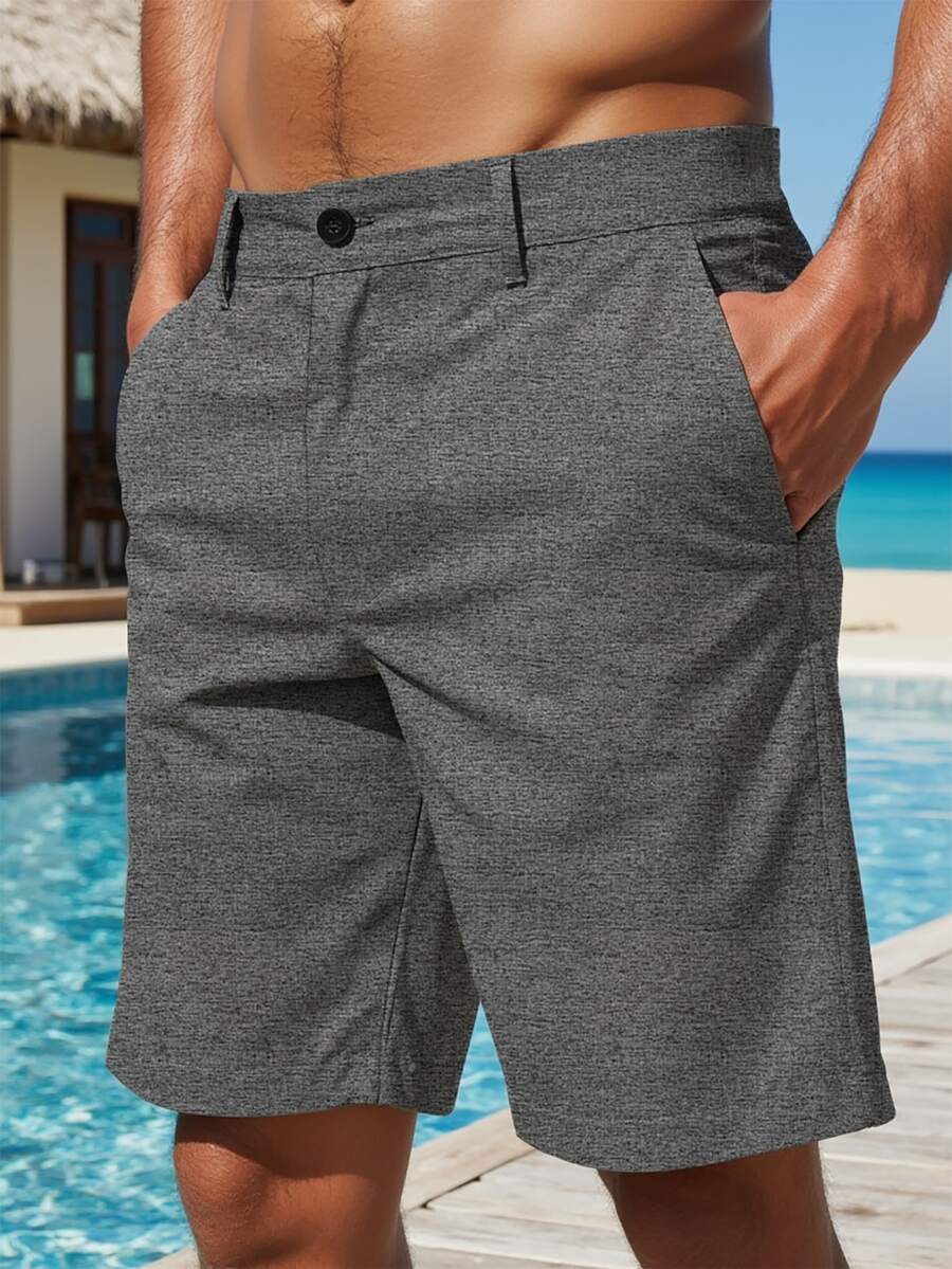 VENTUSAIL Men's Casual Slant Pocket Shorts , Linen Loose Knee Cool Lucky Solid Color Summer Basic Formal Holiday - Grey - View 1