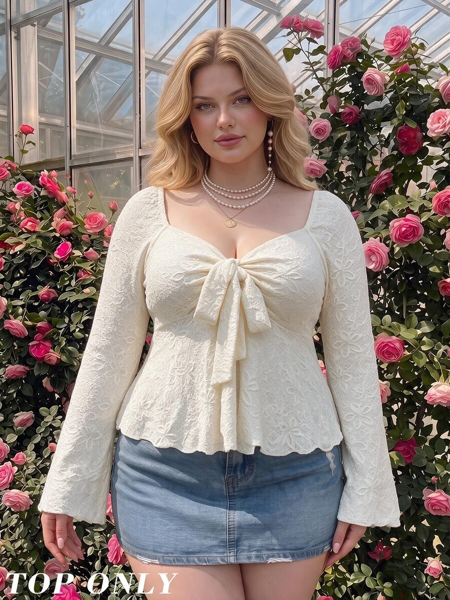 SHEIN MOD Blusa de encaje de talla grande para mujer, top de manga larga con cuello corazón y volantes, color albaricoque para otoño - Albaricoque - Ver 1
