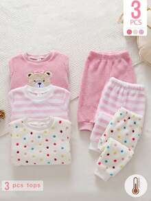Souflis Souflis 3pcs Baby Girls Sweatshirt Tops Cute Sweet Pink White Bear Polka Dot Striped Bow Long Sleeve Round Neck Thick Plush Holiday Winter Princess - Multicolor - View 8