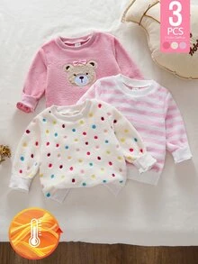 Souflis Souflis 3pcs Baby Girls Sweatshirt Tops Cute Sweet Pink White Bear Polka Dot Striped Bow Long Sleeve Round Neck Thick Plush Holiday Winter Princess - Multicolor - View 3