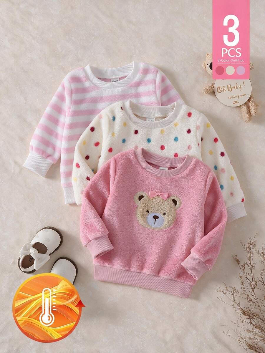 Souflis Souflis 3pcs Baby Girls Sweatshirt Tops Cute Sweet Pink White Bear Polka Dot Striped Bow Long Sleeve Round Neck Thick Plush Holiday Winter Princess