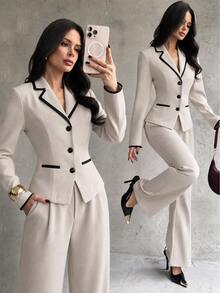 SHEIN Unity Bộ vest nữ gồm áo khoác cài nút kẻ sọc phối màu tương phản và quần dài có túi - Màu be - Xem 1