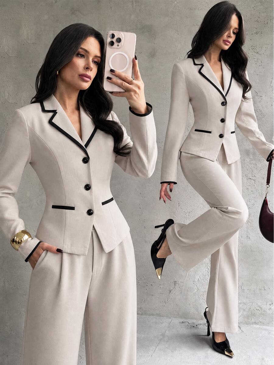 SHEIN Unity Bộ vest nữ gồm áo khoác cài nút kẻ sọc phối màu tương phản và quần dài có túi - Màu be - Xem 1