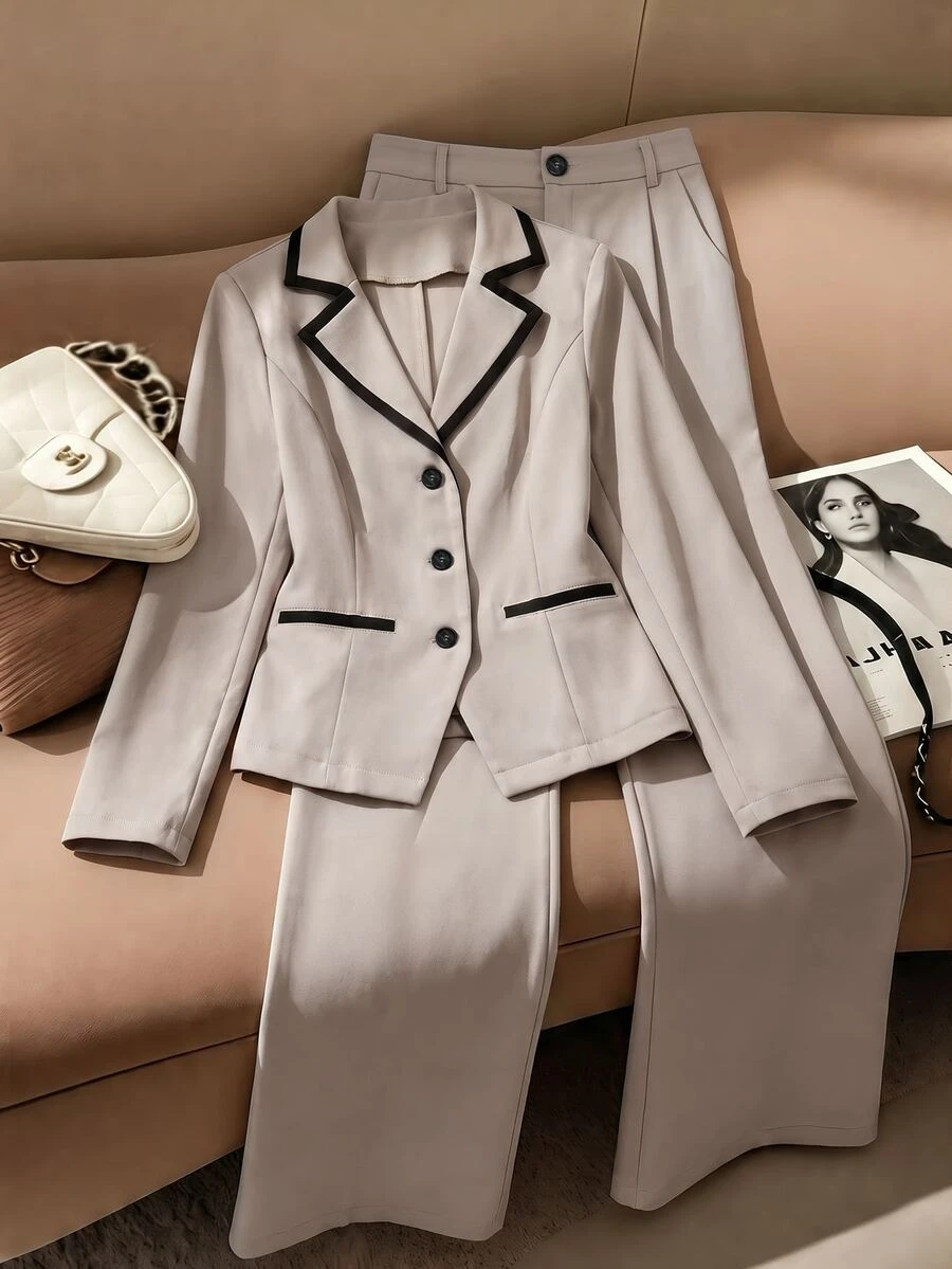SHEIN Unity Women's Button Striped Contrast Color Jacket And Pocket Long Pants Suit Set - Apricot - View 1