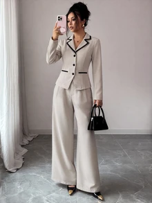 SHEIN Unity Bộ vest nữ gồm áo khoác cài nút kẻ sọc phối màu tương phản và quần dài có túi - Màu be - Xem 3