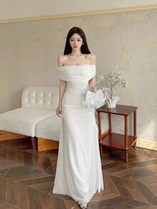 Modelyn Women's Mesh Off Shoulder Ruched Waist Dress, Elegant For Wedding, Date Night - White - View 9