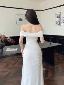 Modelyn Women's Mesh Off Shoulder Ruched Waist Dress, Elegant For Wedding, Date Night - White - View 3