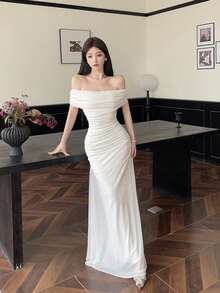 Modelyn Women's Mesh Off Shoulder Ruched Waist Dress, Elegant For Wedding, Date Night - White - View 6