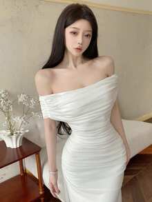 Modelyn Women's Mesh Off Shoulder Ruched Waist Dress, Elegant For Wedding, Date Night - White - View 8