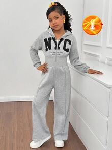 SHEIN 兒童青少年女孩灰色休閒 NYC 字母印花抓絨內裡針織連帽落肩口袋寬腿長袖運動連身褲，舒適秋冬款 - 灰色 - 查看 9