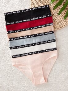 SHEIN 少女內褲 6件組 心形與字母印花 羅紋彈性腰頭 素色 四季日常穿著 禮物套裝 舒適柔軟可愛休閒彈性 - 彩色 - 查看 4