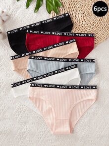 SHEIN 少女內褲 6件組 心形與字母印花 羅紋彈性腰頭 素色 四季日常穿著 禮物套裝 舒適柔軟可愛休閒彈性 - 彩色 - 查看 1