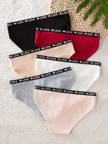 SHEIN 少女內褲 6件組 心形與字母印花 羅紋彈性腰頭 素色 四季日常穿著 禮物套裝 舒適柔軟可愛休閒彈性 - 彩色 - 查看 2