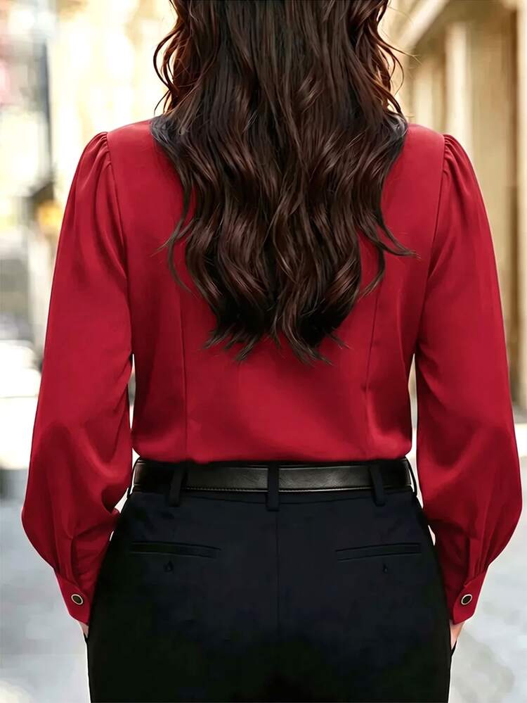 Velvienne Plus Size Elegant Long Sleeve Button-Up Blouse With Ruffle Trim For Women Fall - Burgundy - View 2
