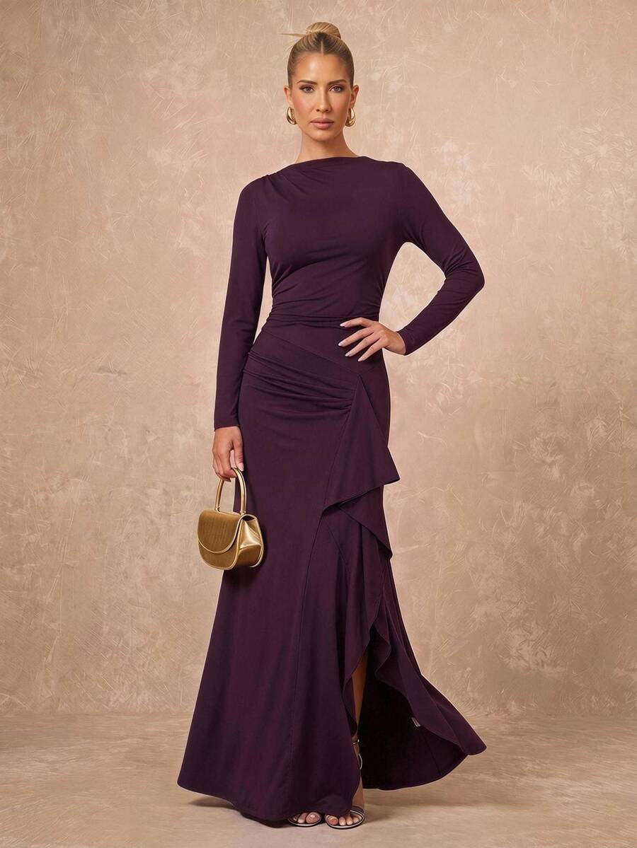 Lumalex Women's Long Sleeve Fitted Dress With Ruffle Hem Asymmetrical Ruched Design And Side Slit Going Out Vacation Outfits Cruise Outfit For Women