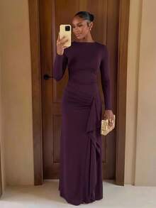 Lumalex Women's Long Sleeve Fitted Dress With Ruffle Hem Asymmetrical Ruched Design And Side Slit Going Out Vacation Outfits Cruise Outfit For Women - Red Violet - View 4